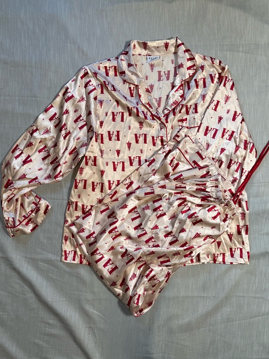 bella bliss Other - Bella Satin Pajama Set Champagne Light Pink Red Fa La La Christmas PJs